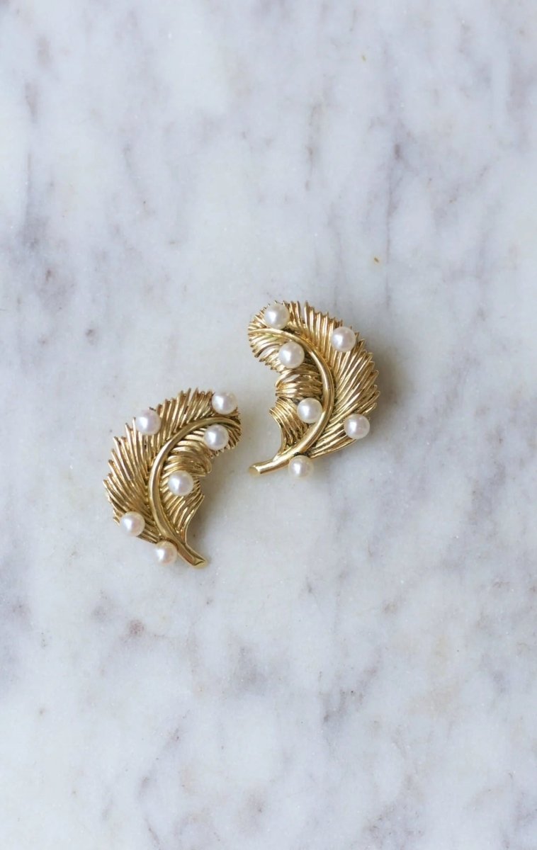 Clips d'oreille plume or jaune et perles - Castafiore