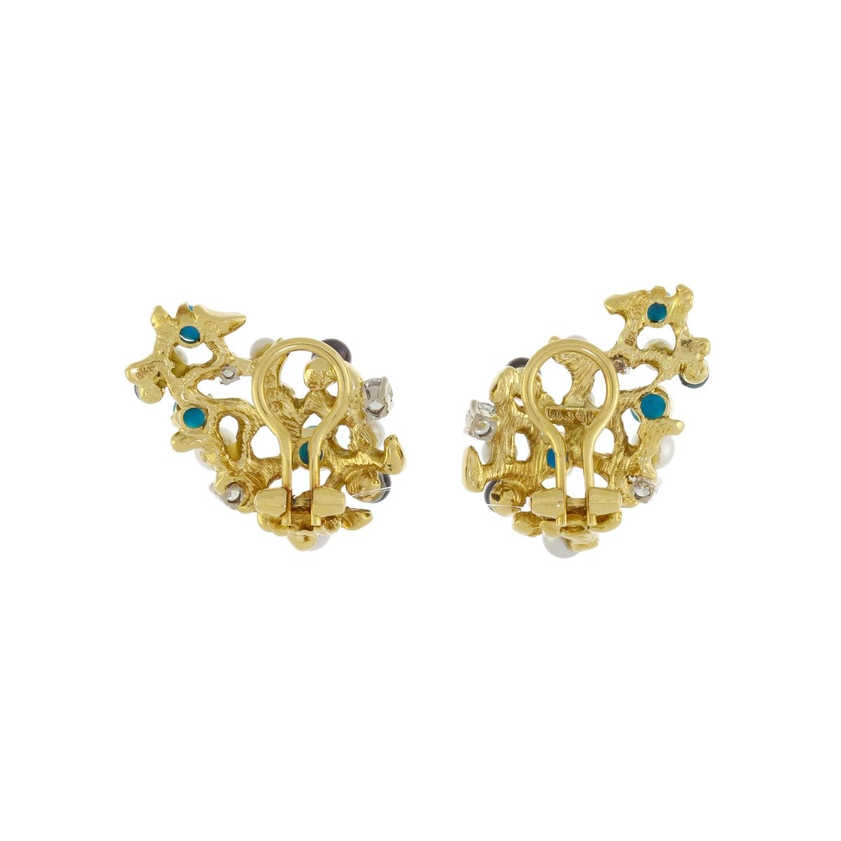 Clips d'Oreilles Gilbert Albert Turquoises Diamants Perles Or jaune 18 carats - Castafiore
