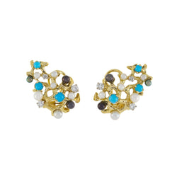 Clips d'Oreilles Gilbert Albert Turquoises Diamants Perles Or jaune 18 carats - Castafiore