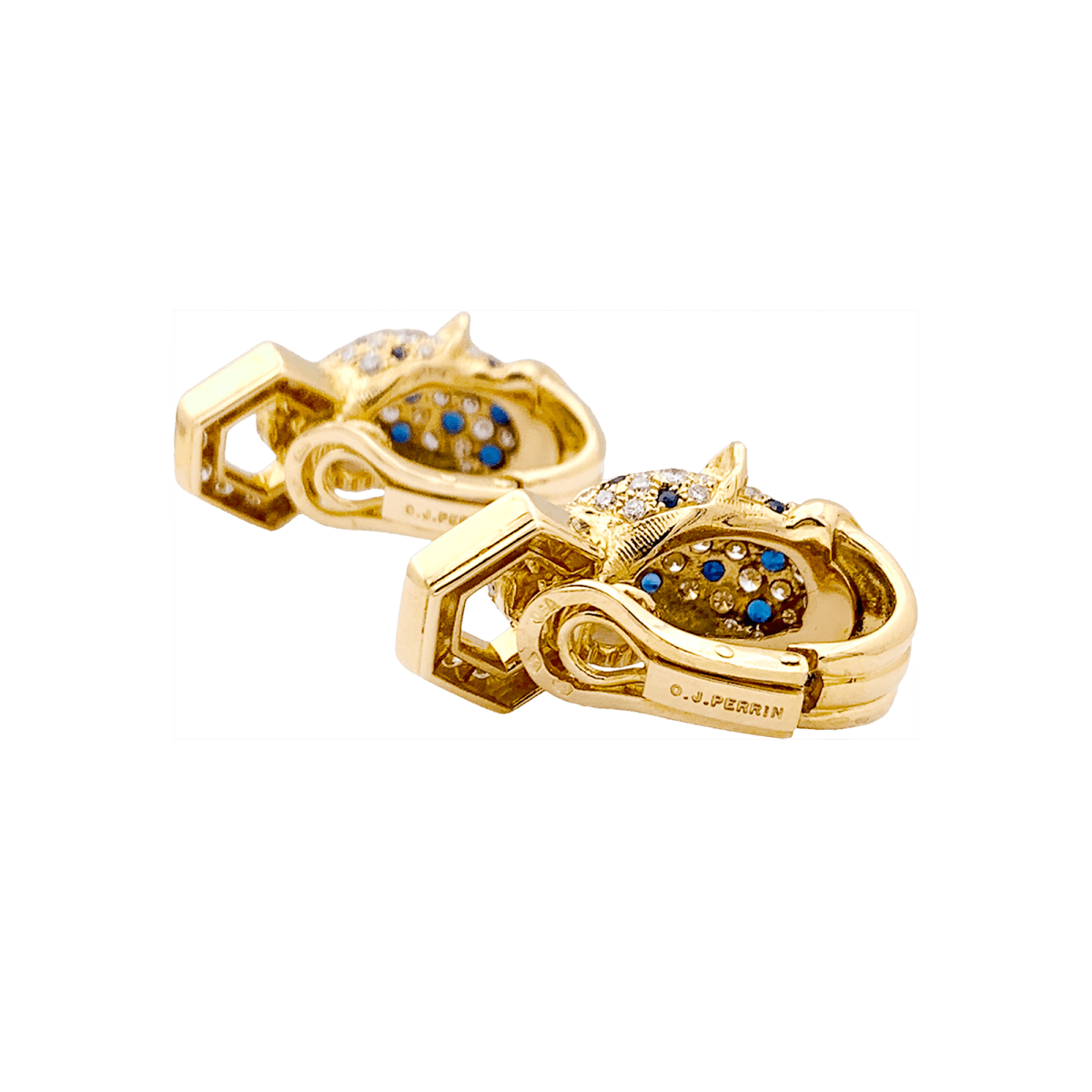 Clips d'oreilles O.J. PERRIN, or jaune, saphirs et émeraudes et diamants - Castafiore