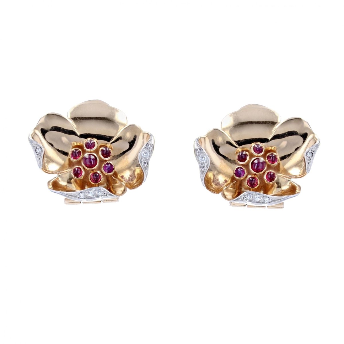 Clips d'oreilles rétro fleurs rubis diamants - Castafiore