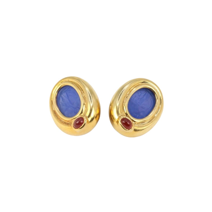 Clips d’oreilles vintage en or, intaille en verre bleu et cornaline - Castafiore