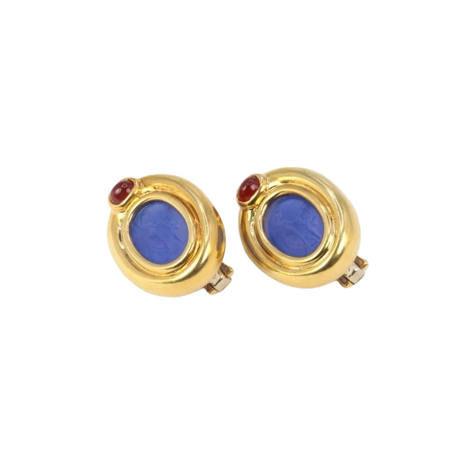 Clips d’oreilles vintage en or, intaille en verre bleu et cornaline - Castafiore