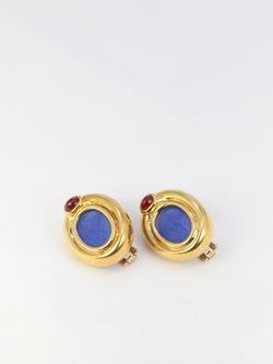 Clips d’oreilles vintage en or, intaille en verre bleu et cornaline - Castafiore