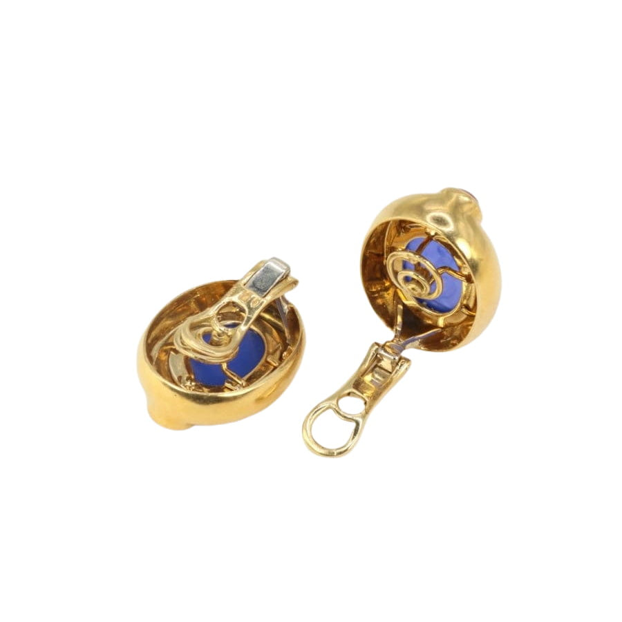 Clips d’oreilles vintage en or, intaille en verre bleu et cornaline - Castafiore