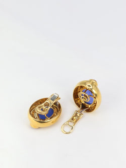 Clips d’oreilles vintage en or, intaille en verre bleu et cornaline - Castafiore