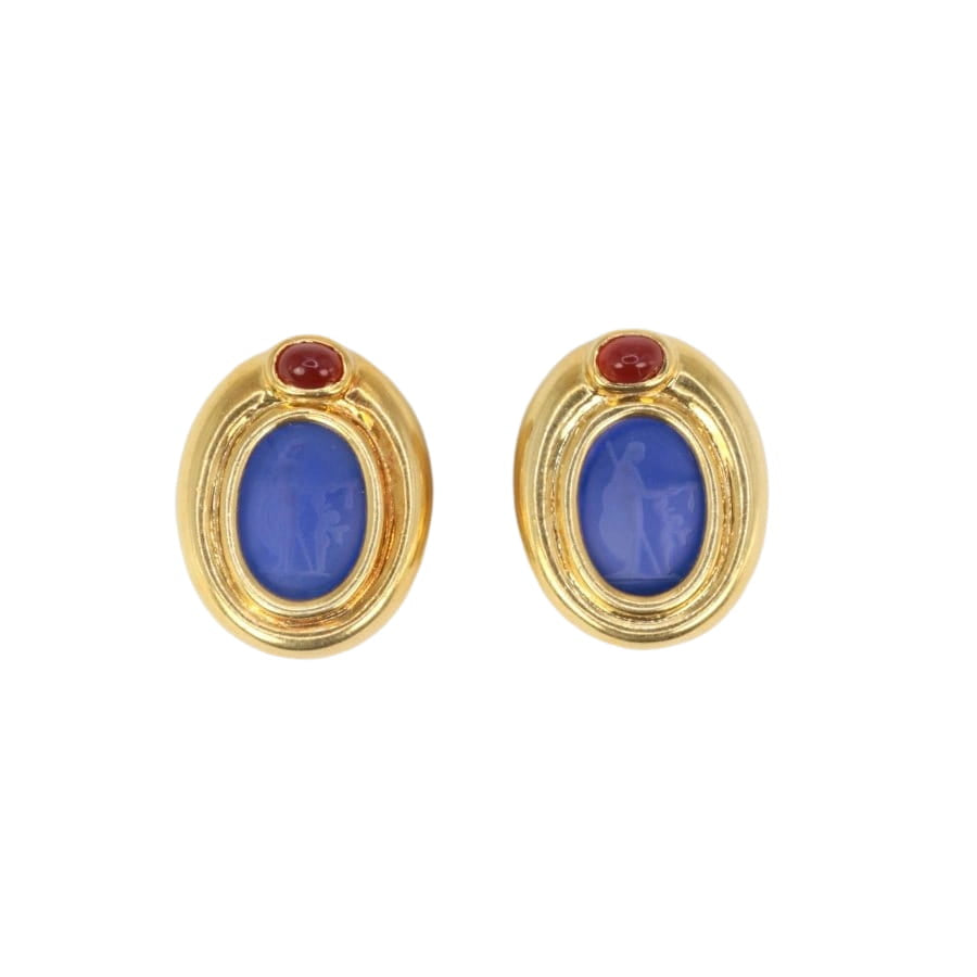 Clips d’oreilles vintage en or, intaille en verre bleu et cornaline - Castafiore