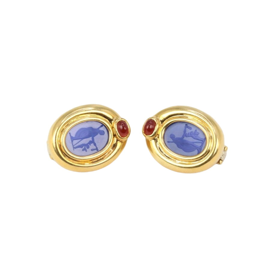Clips d’oreilles vintage en or, intaille en verre bleu et cornaline - Castafiore