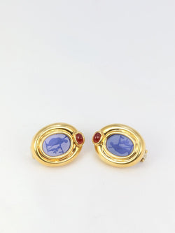 Clips d’oreilles vintage en or, intaille en verre bleu et cornaline - Castafiore