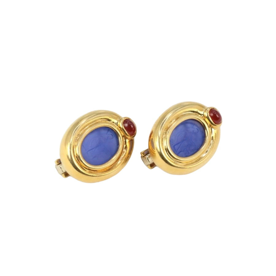 Clips d’oreilles vintage en or, intaille en verre bleu et cornaline - Castafiore