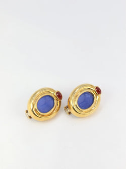 Clips d’oreilles vintage en or, intaille en verre bleu et cornaline - Castafiore
