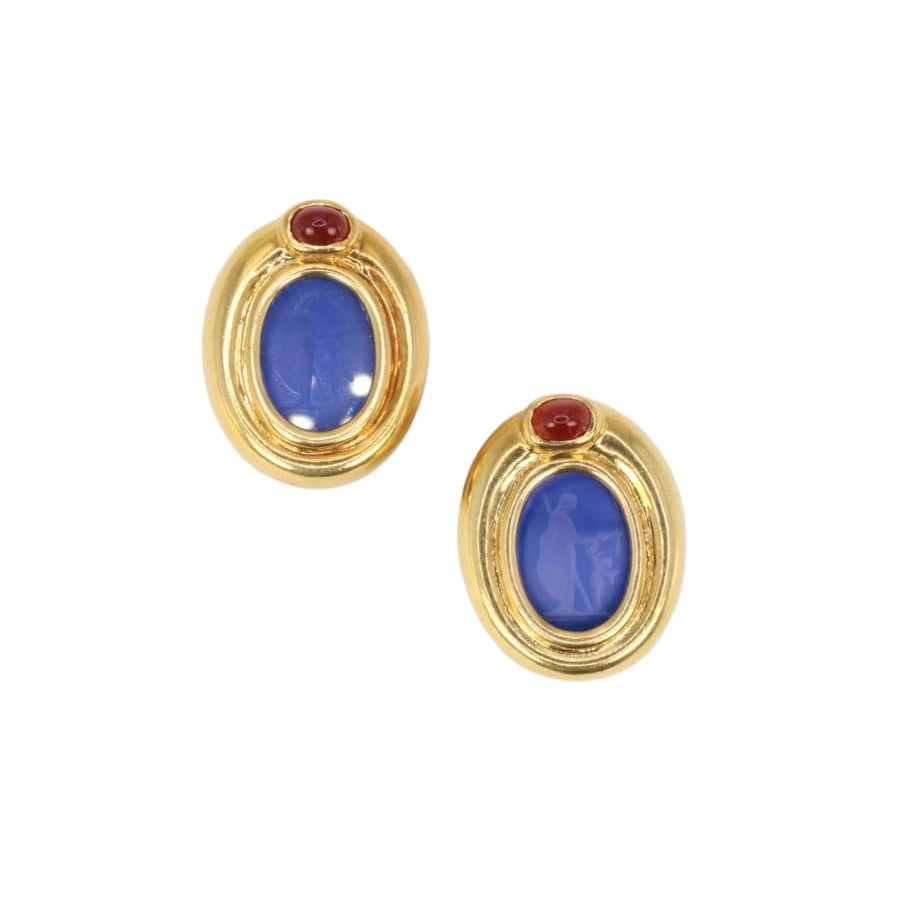 Clips d’oreilles vintage en or, intaille en verre bleu et cornaline - Castafiore