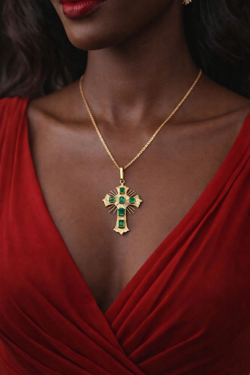 COLGANTE EN FORMA DE CRUZ CON ESMERALDAS EN ORO AMARILLO - Castafiore