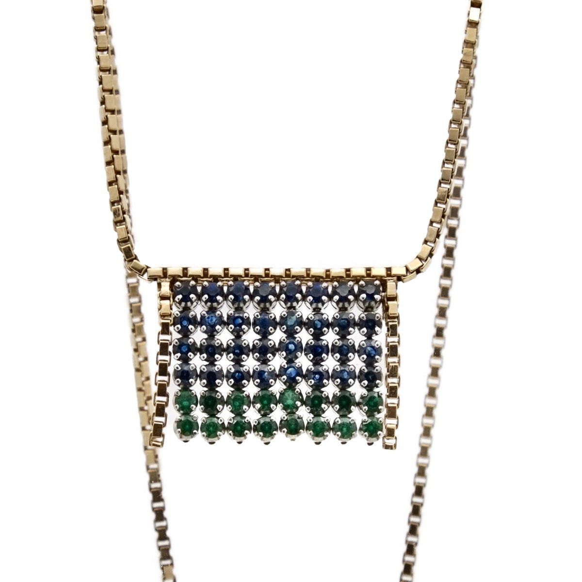 Collier à franges en or jaune et or gris avec émeraudes et saphirs - Castafiore