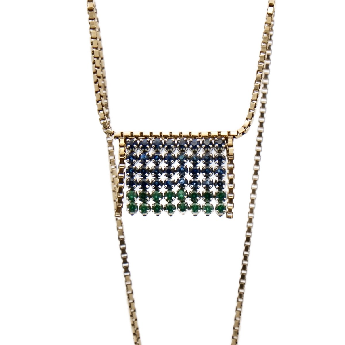 Collier à franges en or jaune et or gris avec émeraudes et saphirs - Castafiore