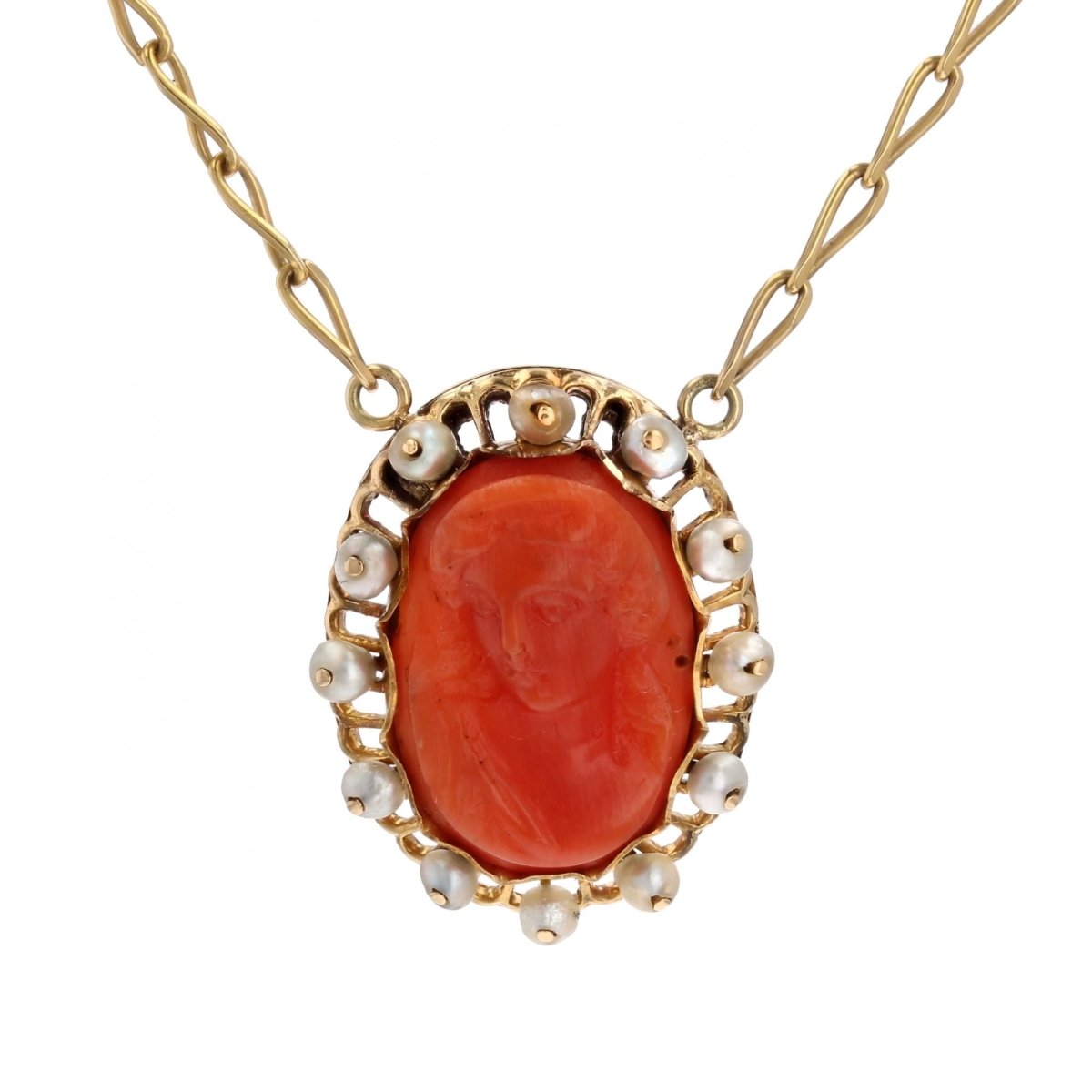 Collier ANCIEN Camée maille cheval en or jaune corail et perles fines - Castafiore