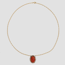 Collier ANCIEN Camée maille cheval en or jaune corail et perles fines - Castafiore