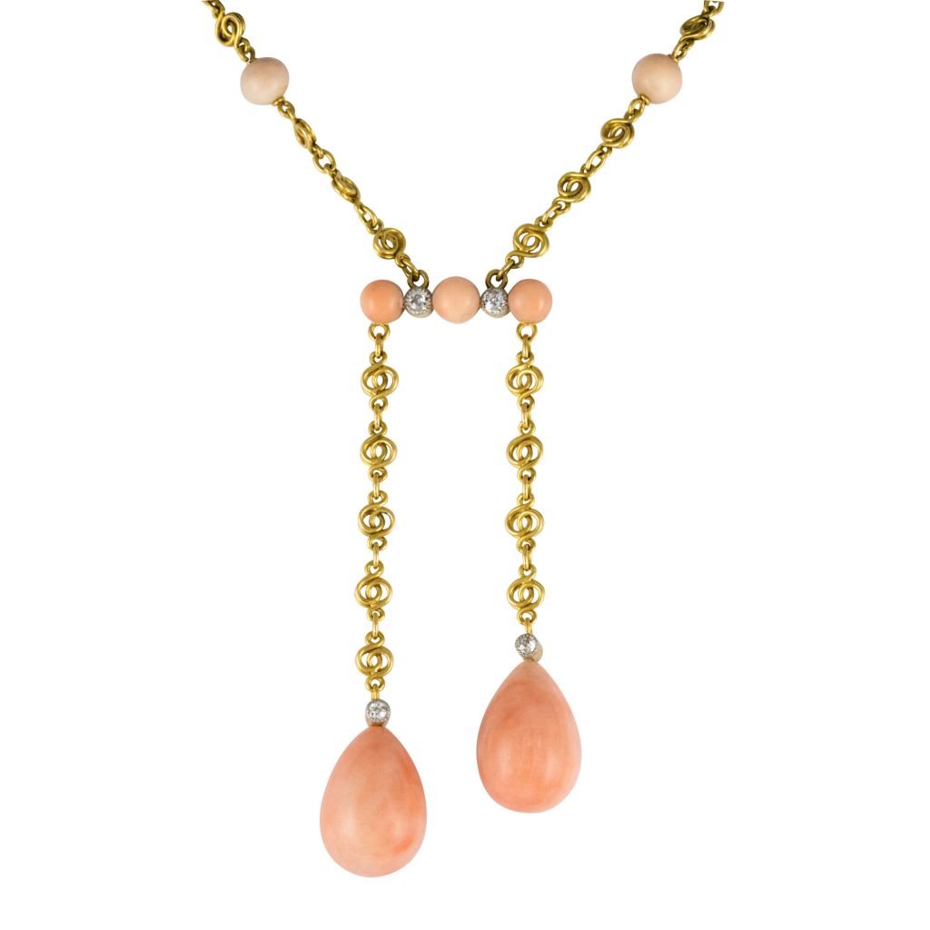 Collier ANCIEN Négligé en or jaune et corail peau d'ange - Castafiore