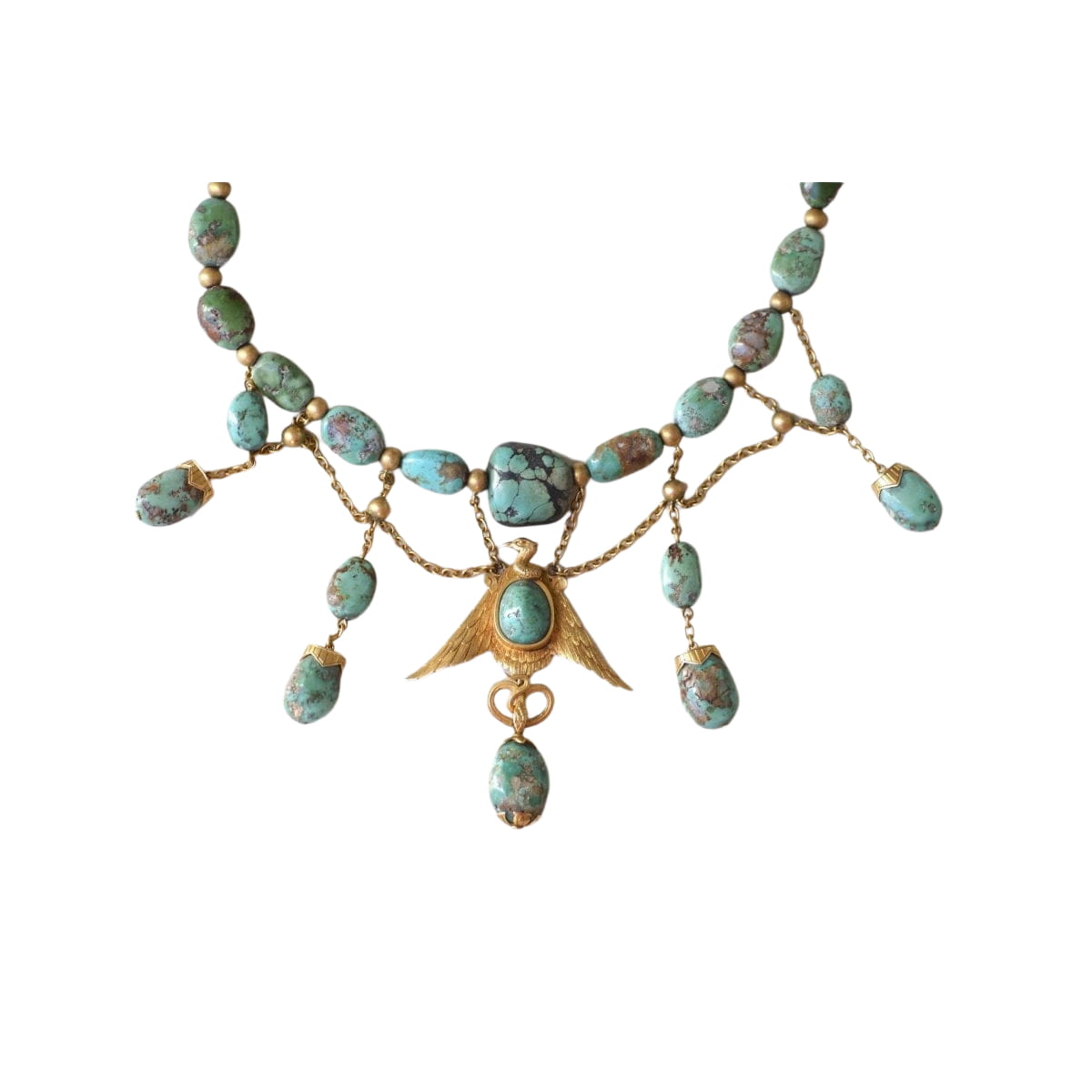 Collier Ancien Neo Egyptien Or Jaune et Turquoises - Castafiore
