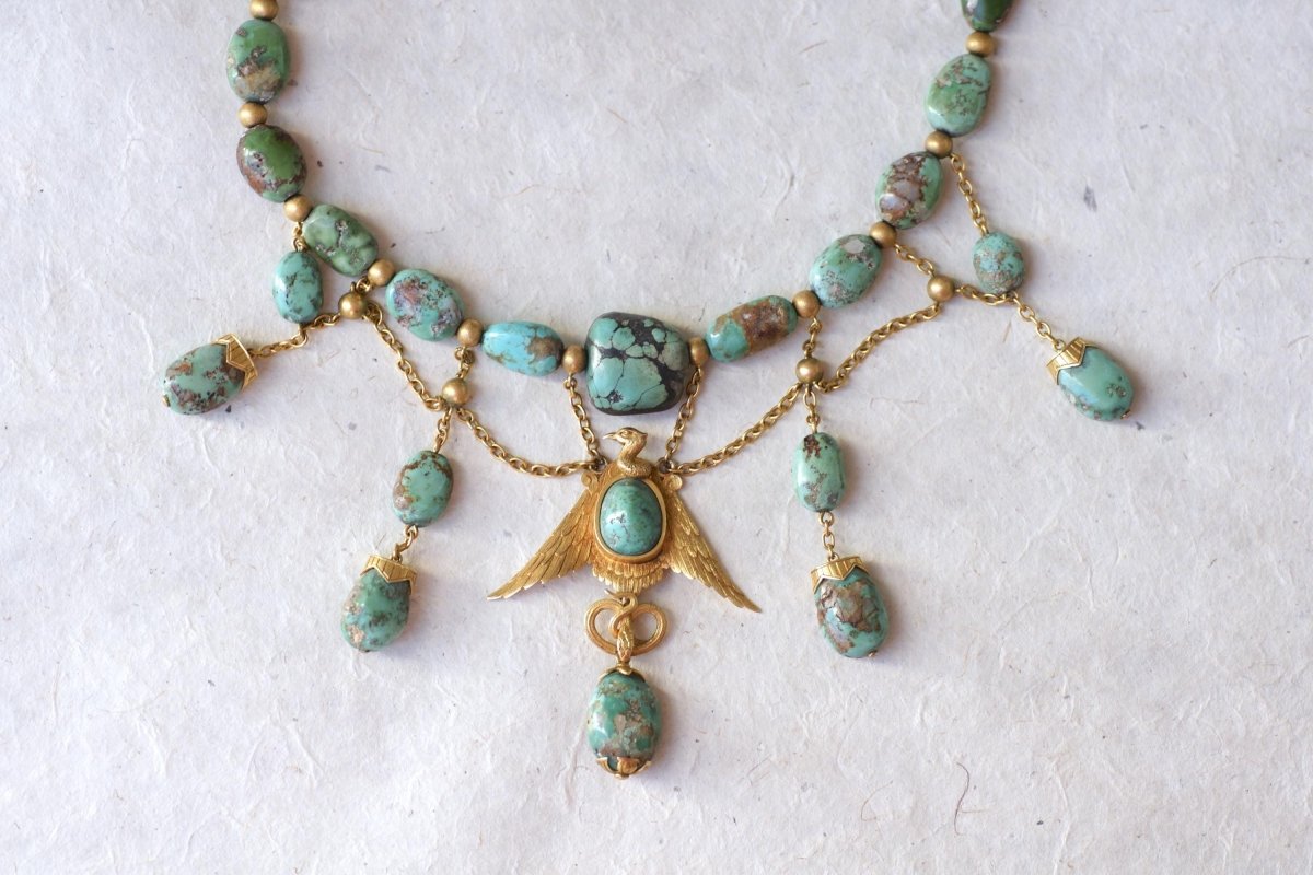 Collier Ancien Neo Egyptien Or Jaune et Turquoises - Castafiore