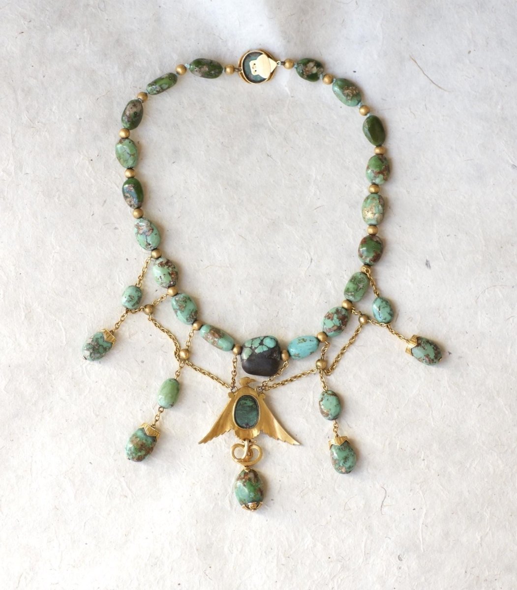 Collier Ancien Neo Egyptien Or Jaune et Turquoises - Castafiore