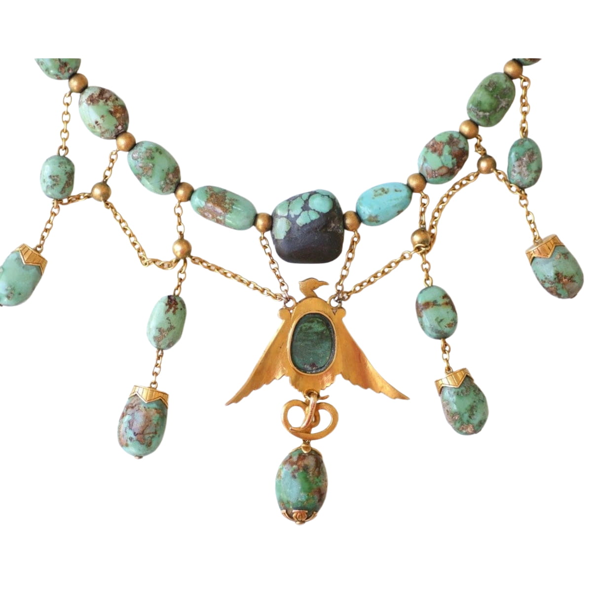 Collier Ancien Neo Egyptien Or Jaune et Turquoises - Castafiore