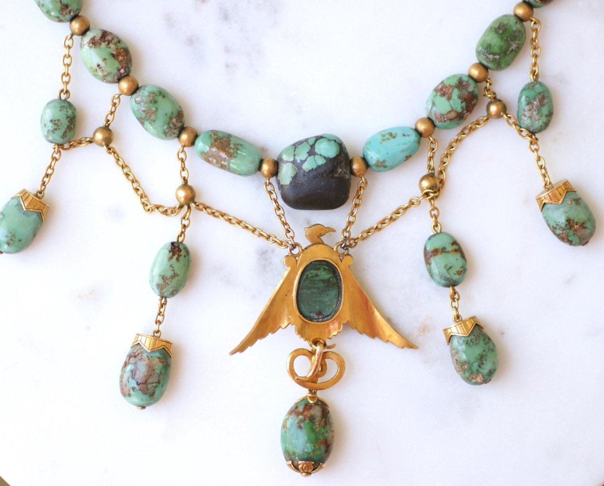 Collier Ancien Neo Egyptien Or Jaune et Turquoises - Castafiore