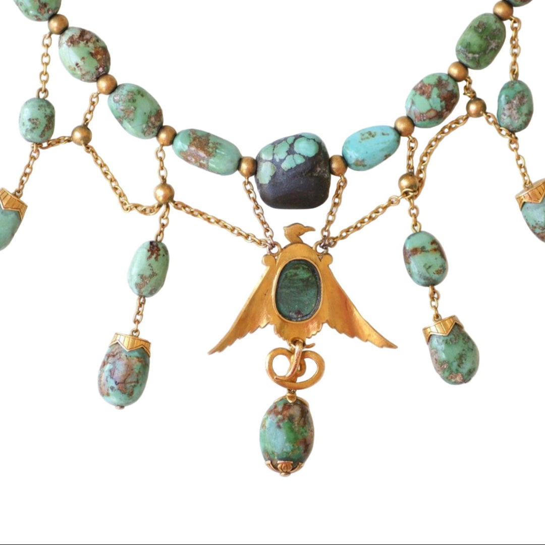 Collier Ancien Neo Egyptien Or Jaune et Turquoises - Castafiore