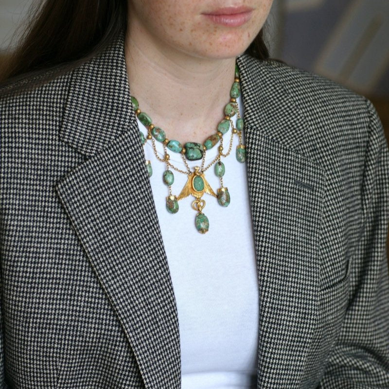 Collier Ancien Neo Egyptien Or Jaune et Turquoises - Castafiore