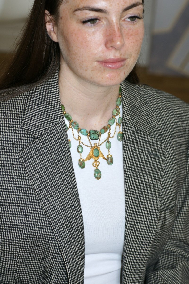 Collier Ancien Neo Egyptien Or Jaune et Turquoises - Castafiore