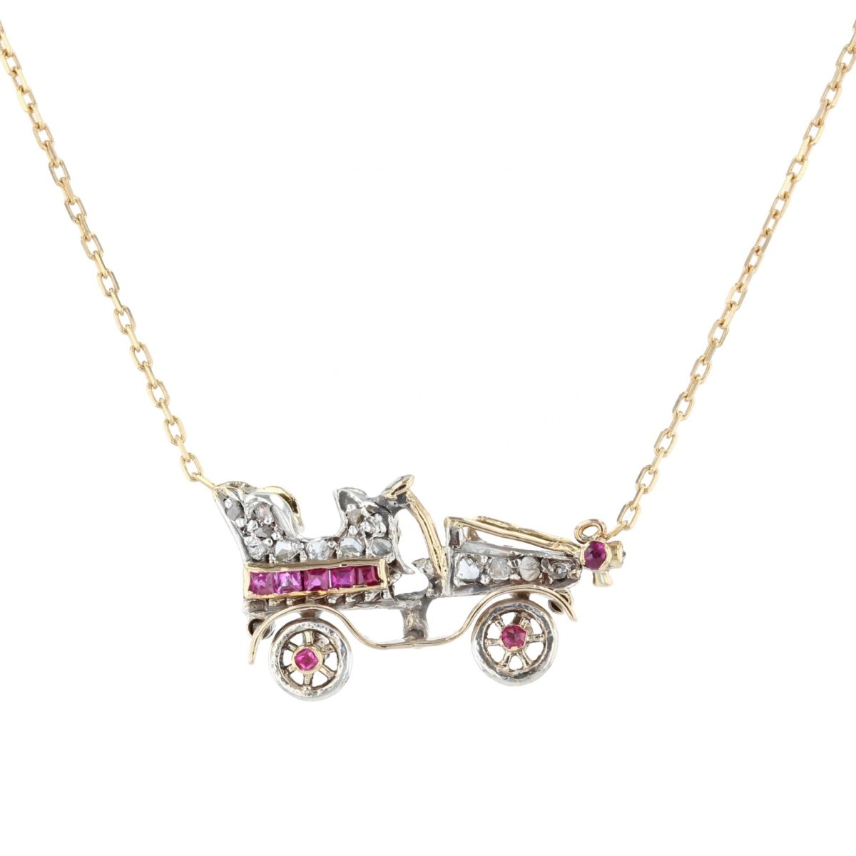 Collier ancien voiture en diamants et rubis - Castafiore