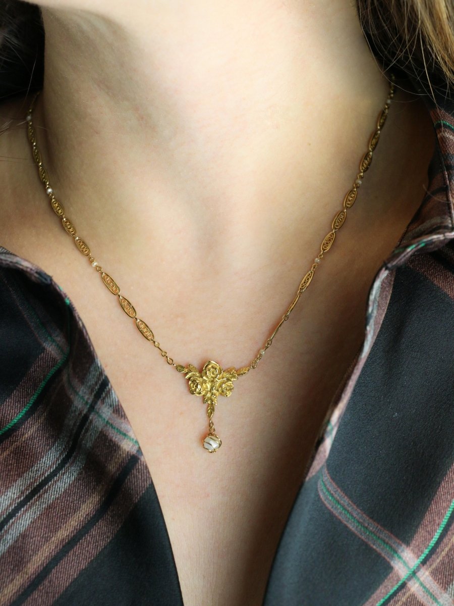 Collier Art Nouveau maille filigrane or jaune perles fines - Castafiore