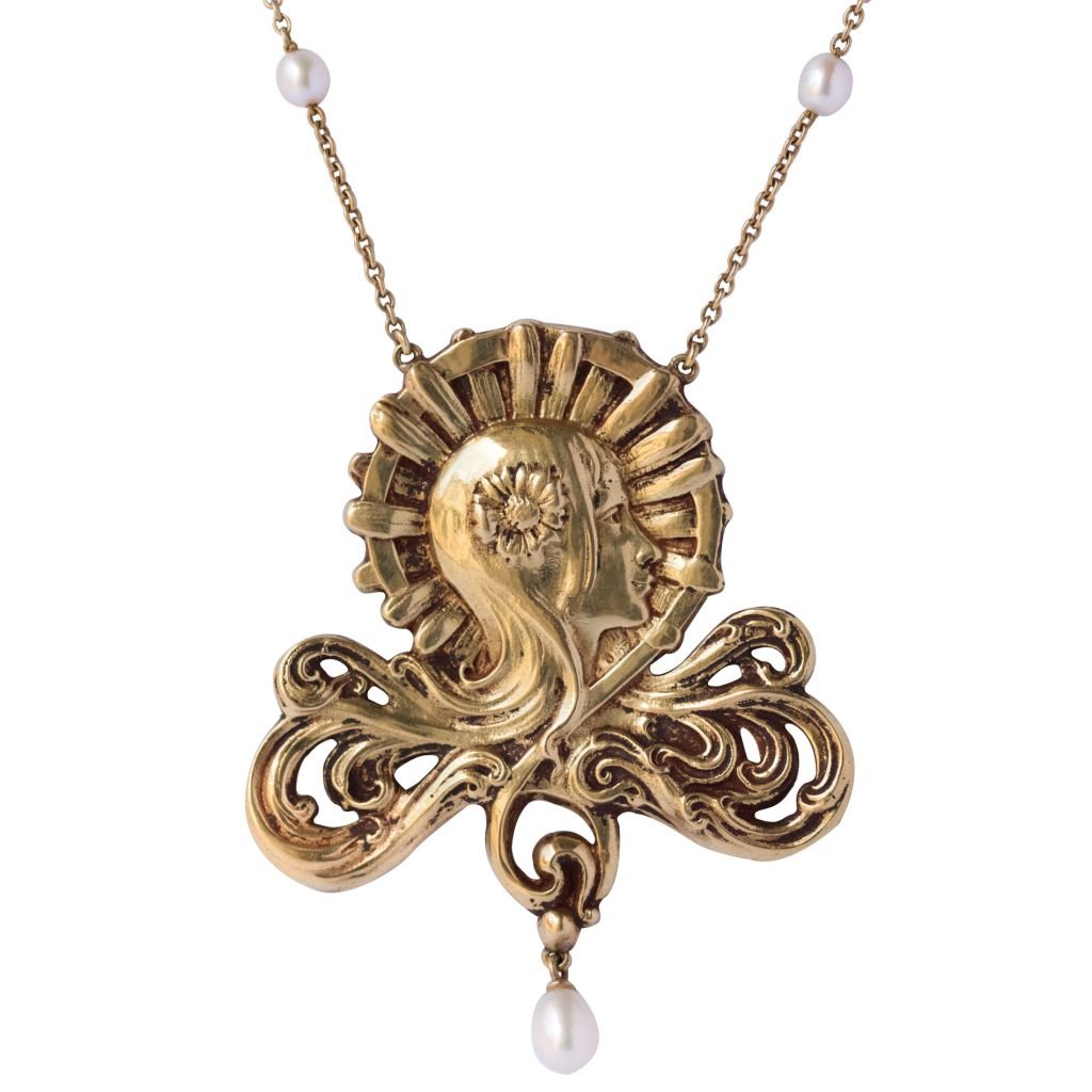 Collier Art nouveau motif femme et Perles - Castafiore