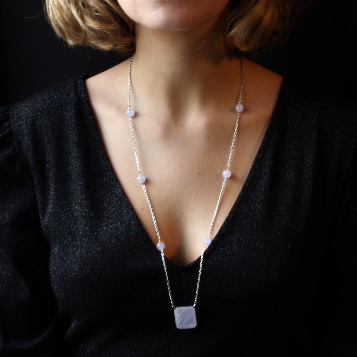 Collier BAUME Maille forçat en or blanc et jade jadéite - Castafiore