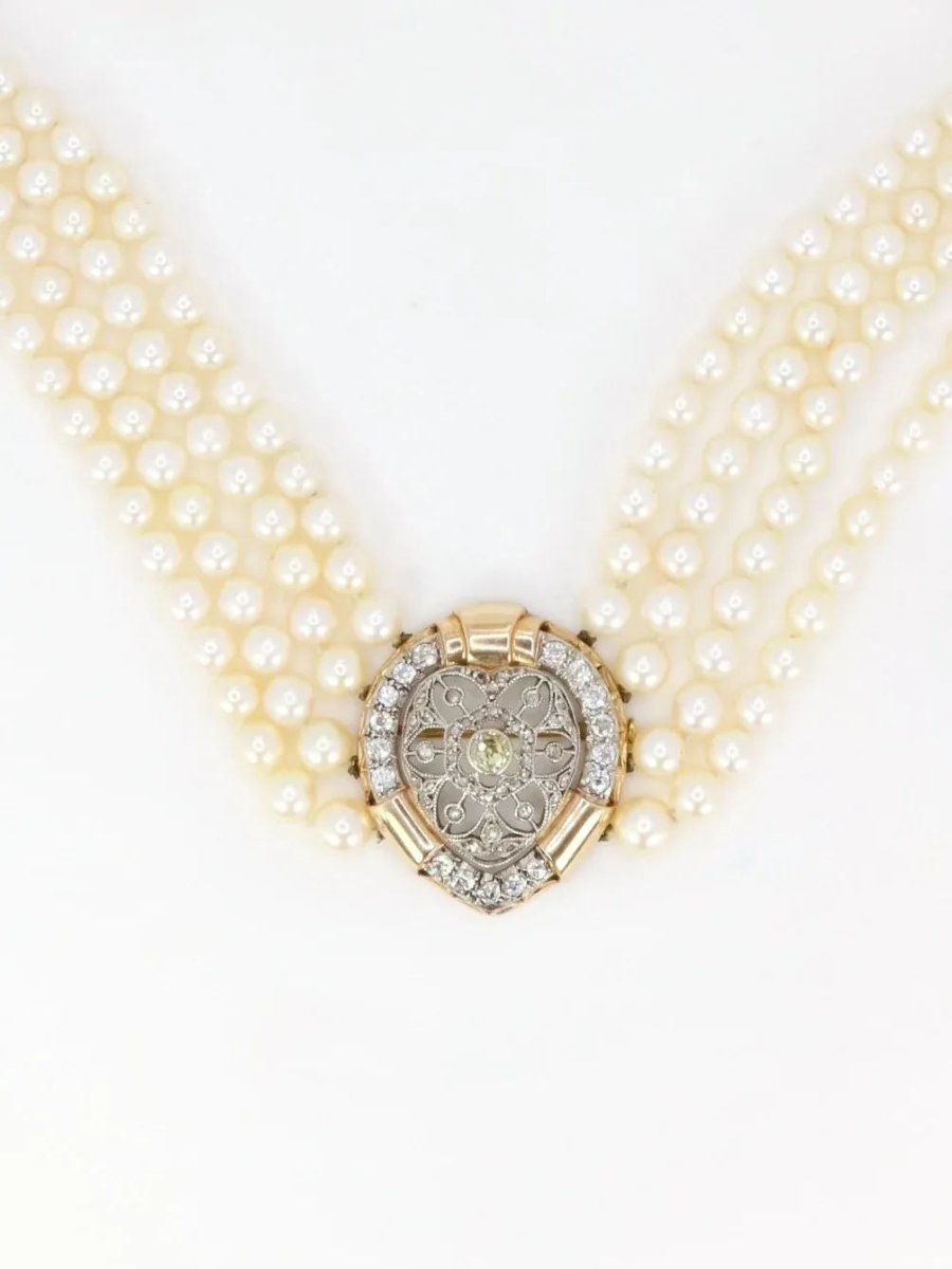 Collier Belle Epoque diamants perles de culture - Castafiore