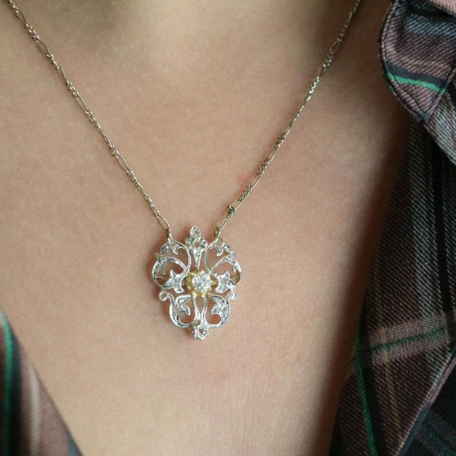 Collier Belle Epoque or blanc diamant taille ancienne - Castafiore