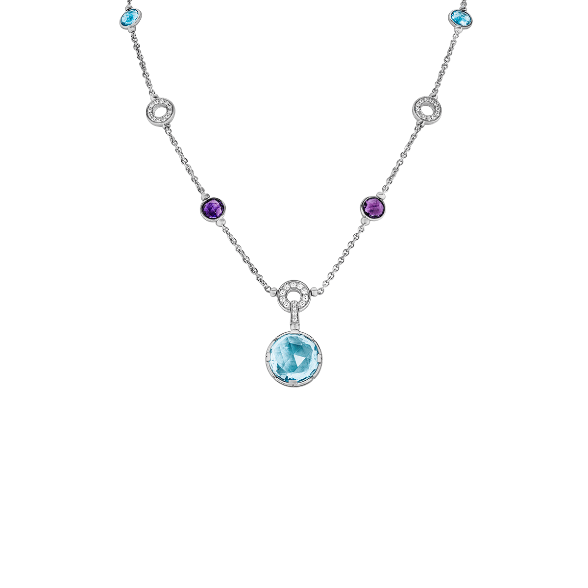 Collier BULGARI "Parentesi Cocktail" en or blanc, topazes bleues, améthystes et diamants - Castafiore