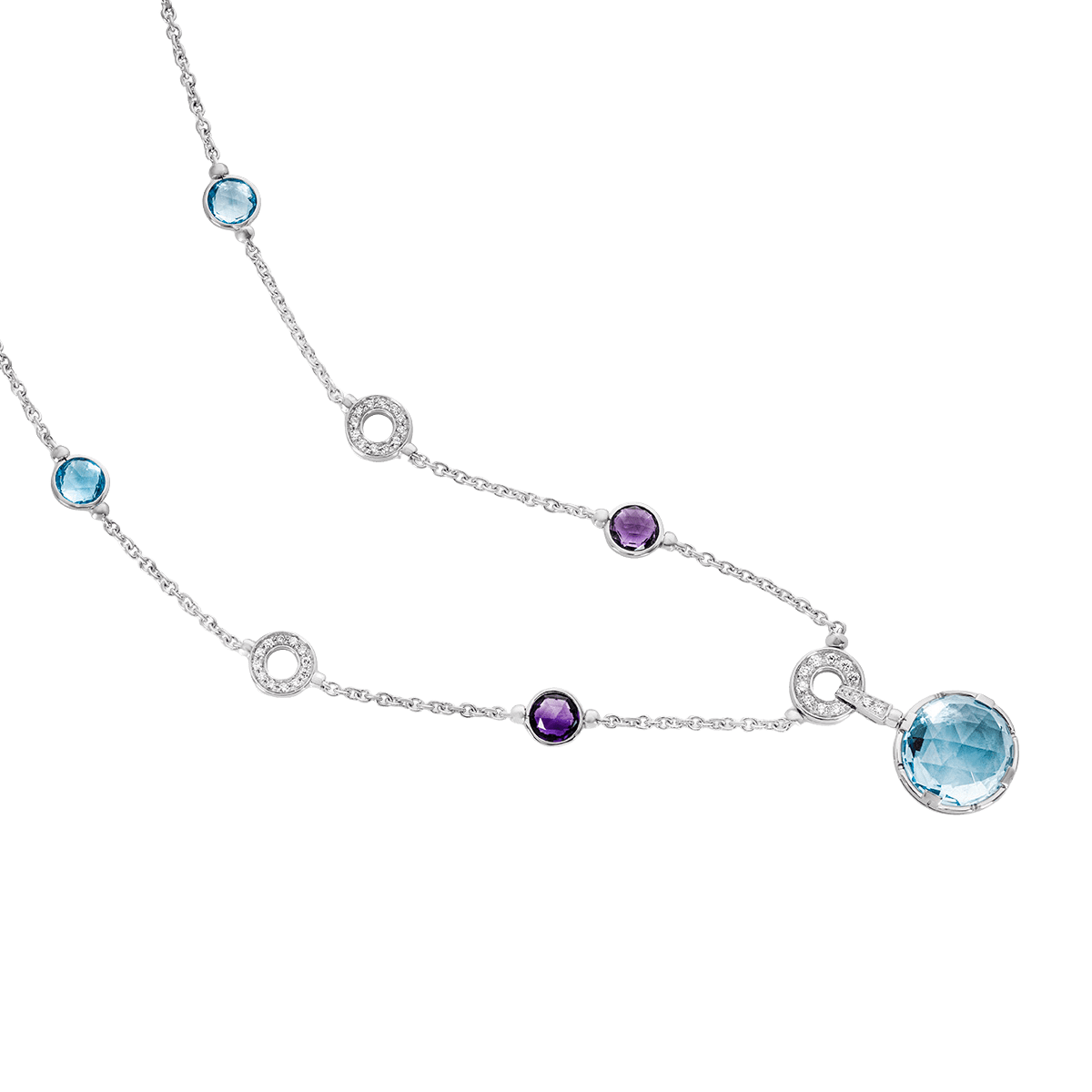 Collier BULGARI "Parentesi Cocktail" en or blanc, topazes bleues, améthystes et diamants - Castafiore