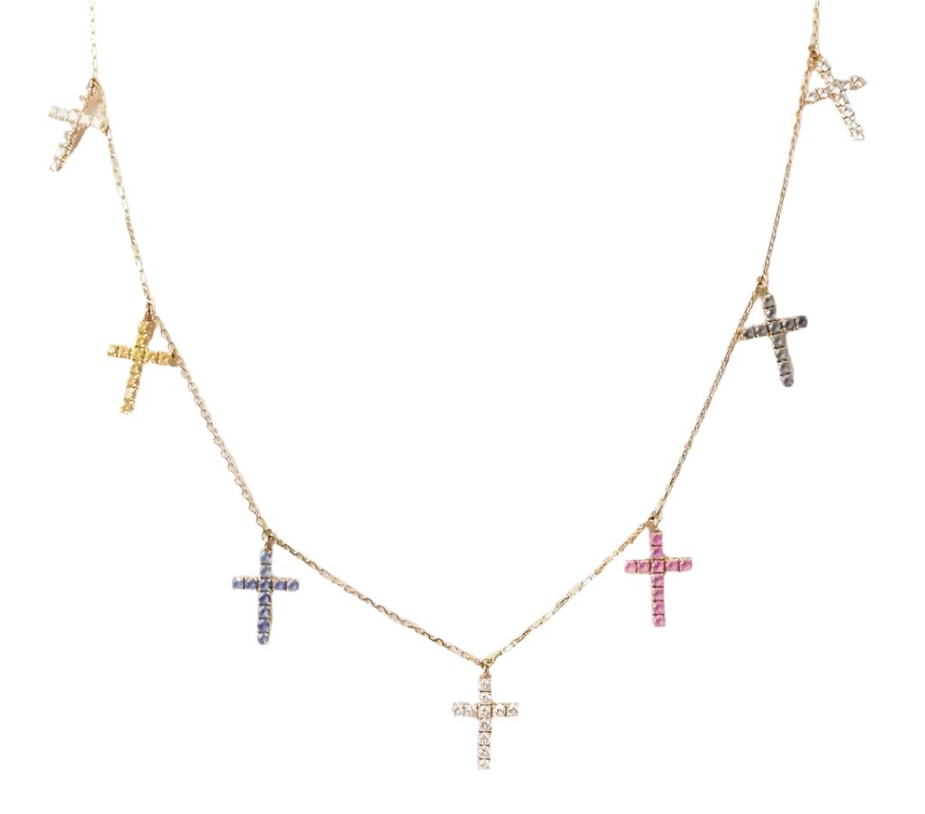 Collier Cartier 11 Croix en or rose, diamants et saphirs de couleurs - Castafiore