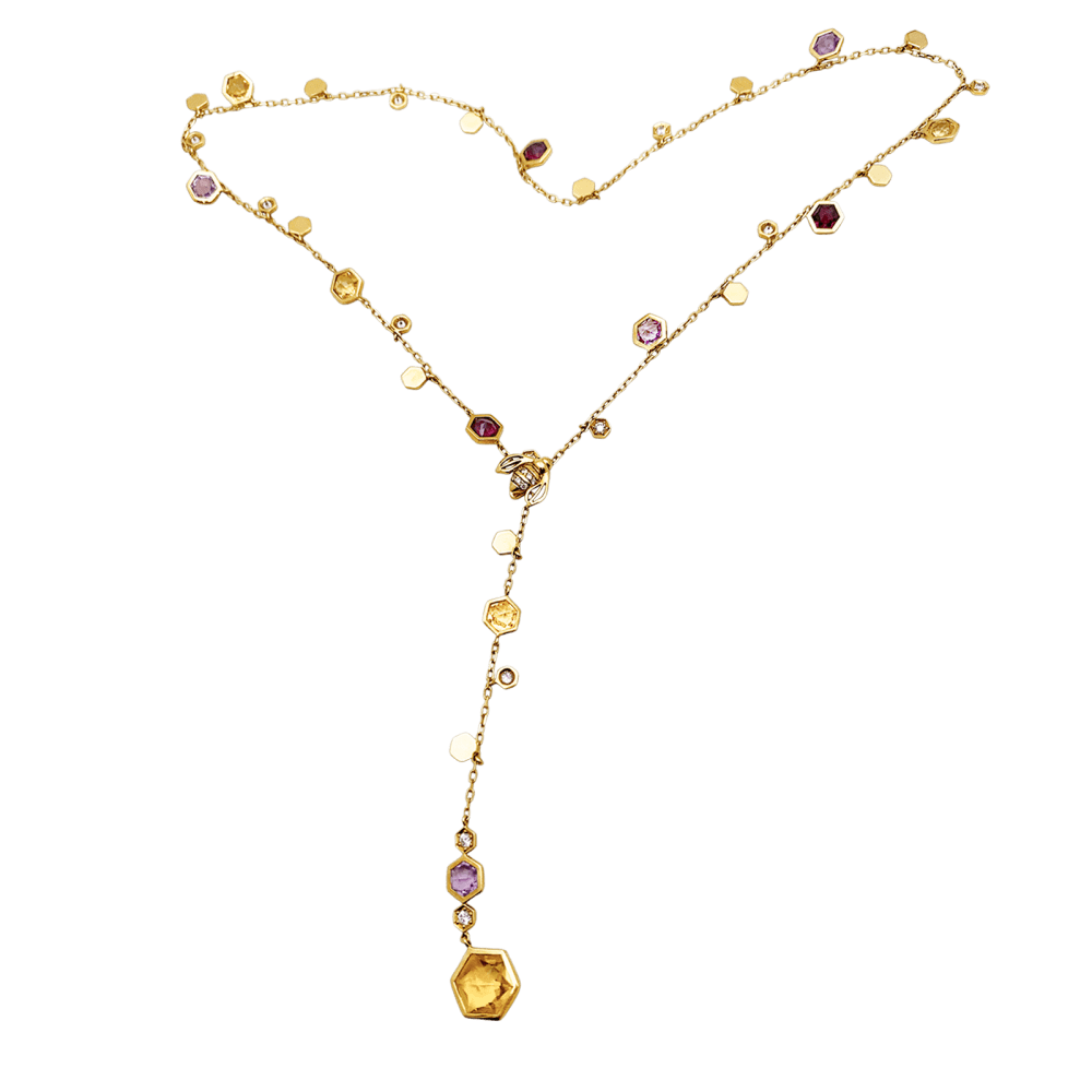 Collier Cravate PIAGET "Magic Garden Limelight" en or jaune, améthystes, citrines, grenats et diamants - Castafiore