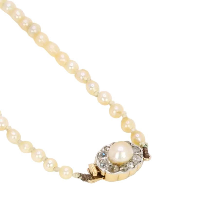 Collier de perles fines fermoir or jaune diamants taille rose - Castafiore