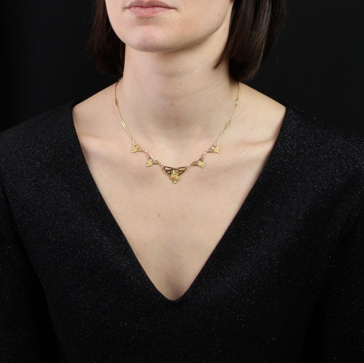 Collier draperie Art nouveau or et perles fines - Castafiore