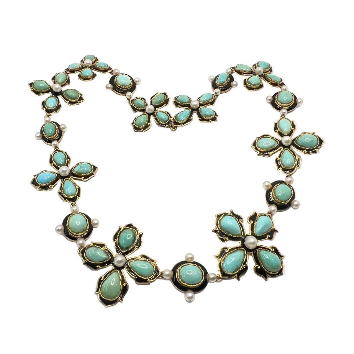 Collier Draperie en or jaune, perles et turquoises - Castafiore