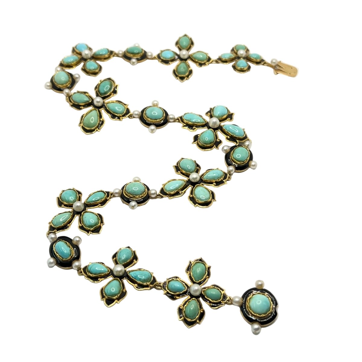 Collier Draperie en or jaune, perles et turquoises - Castafiore