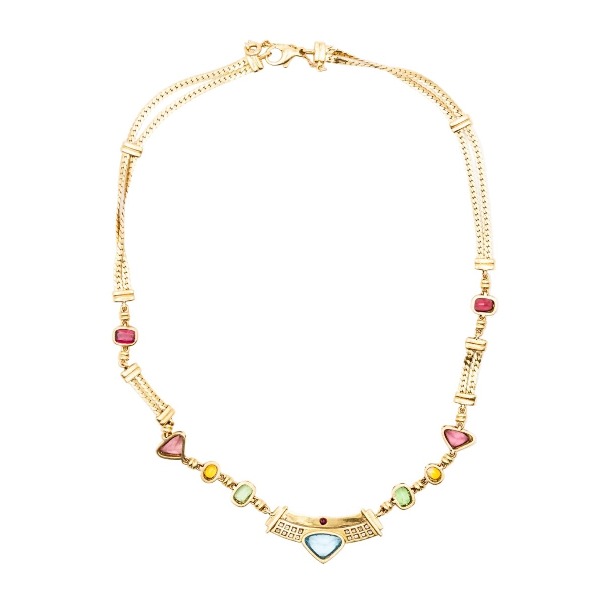 Collier en or jaune, citrines, grenats, péridots, topaze bleue, tourmalines roses, rubis et diamants - Castafiore