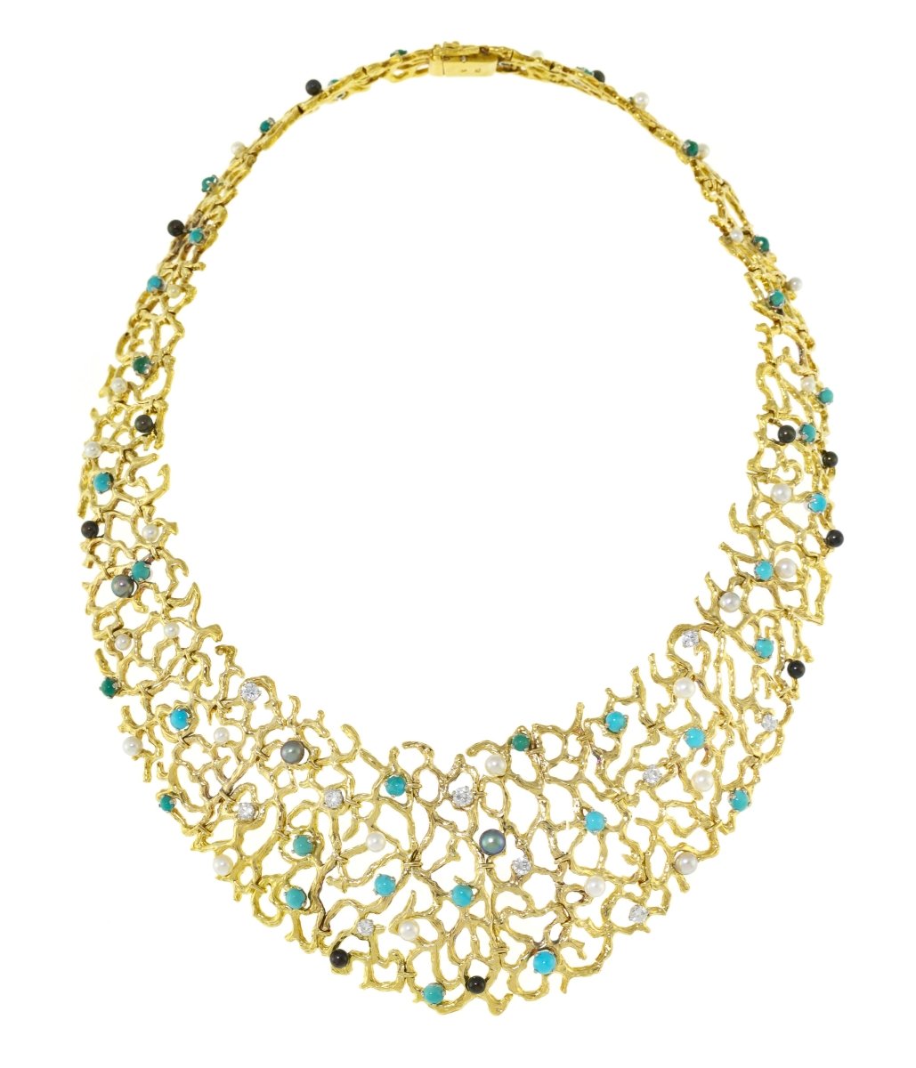 Collier Gilbert Albert Turquoises Diamants Perles Or jaune 18 carats - Castafiore