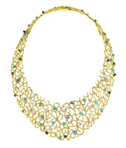 Collier Gilbert Albert Turquoises Diamants Perles Or jaune 18 carats - Castafiore