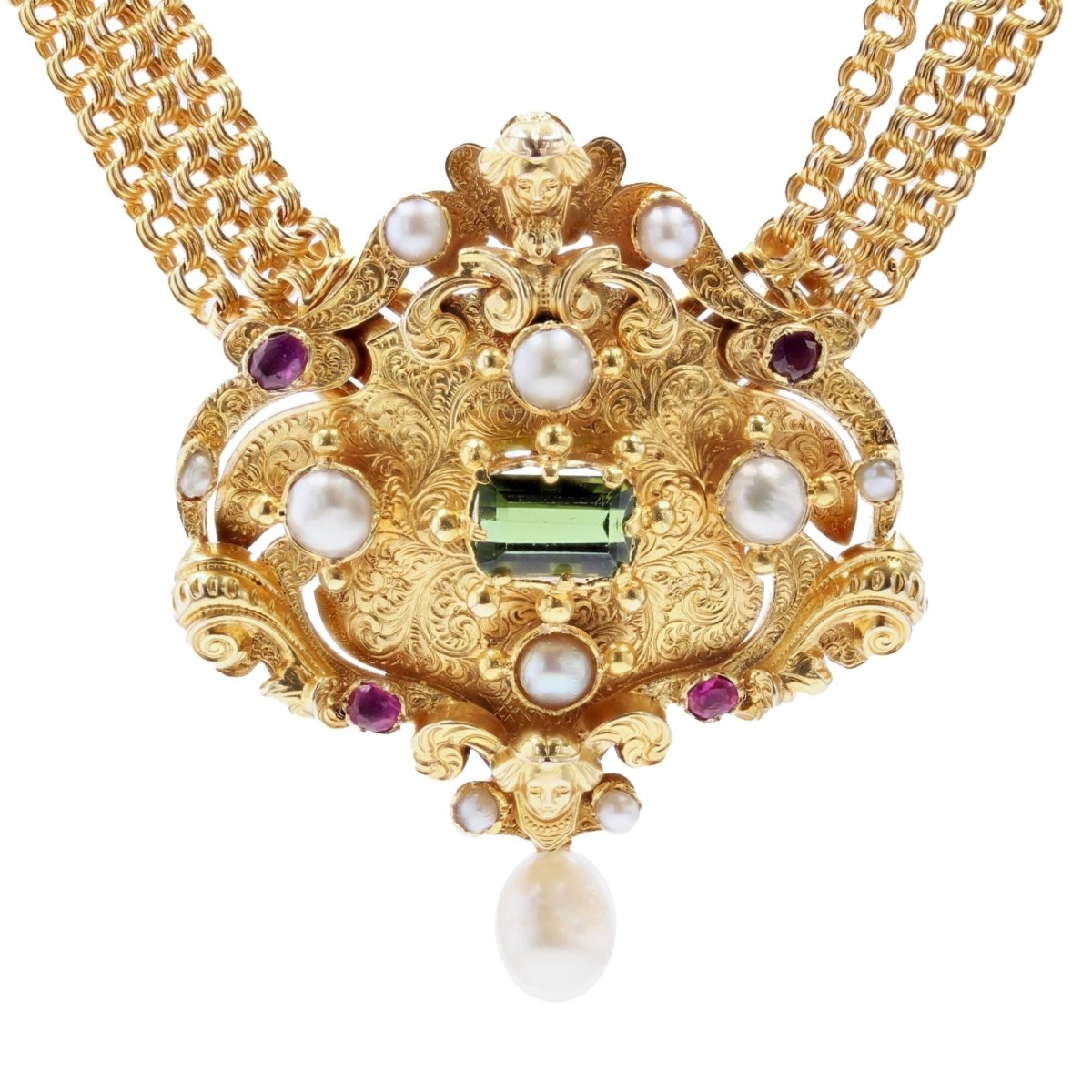 Collier Maille en or jaune, perles, rubis et tourmaline - Castafiore