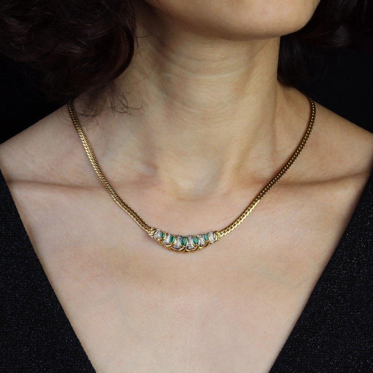 Collier maille gourmette en or jaune et émeraude - Castafiore