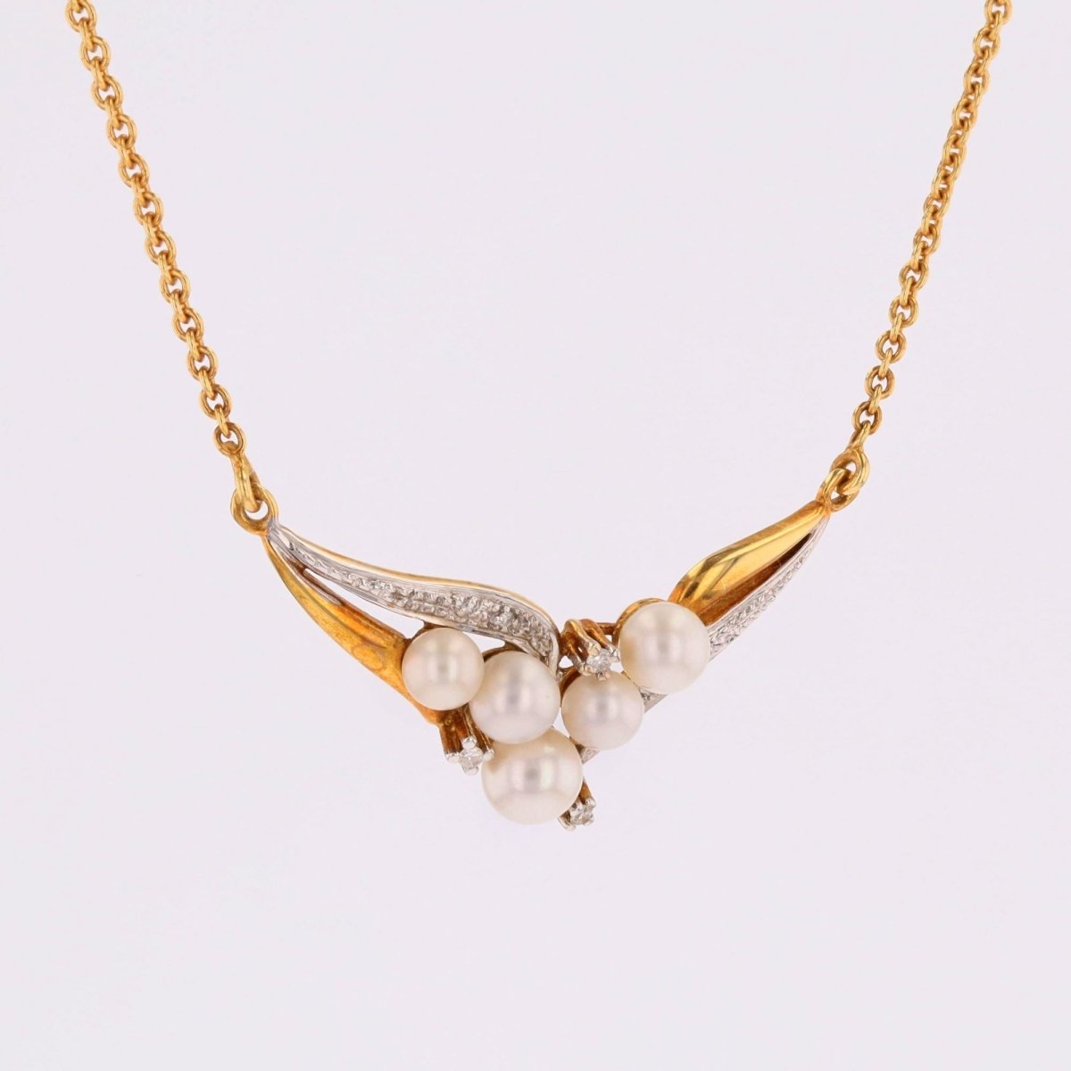 Collier moderne maille forçat en or jaune et or blanc avec diamants et perles de culture - Castafiore